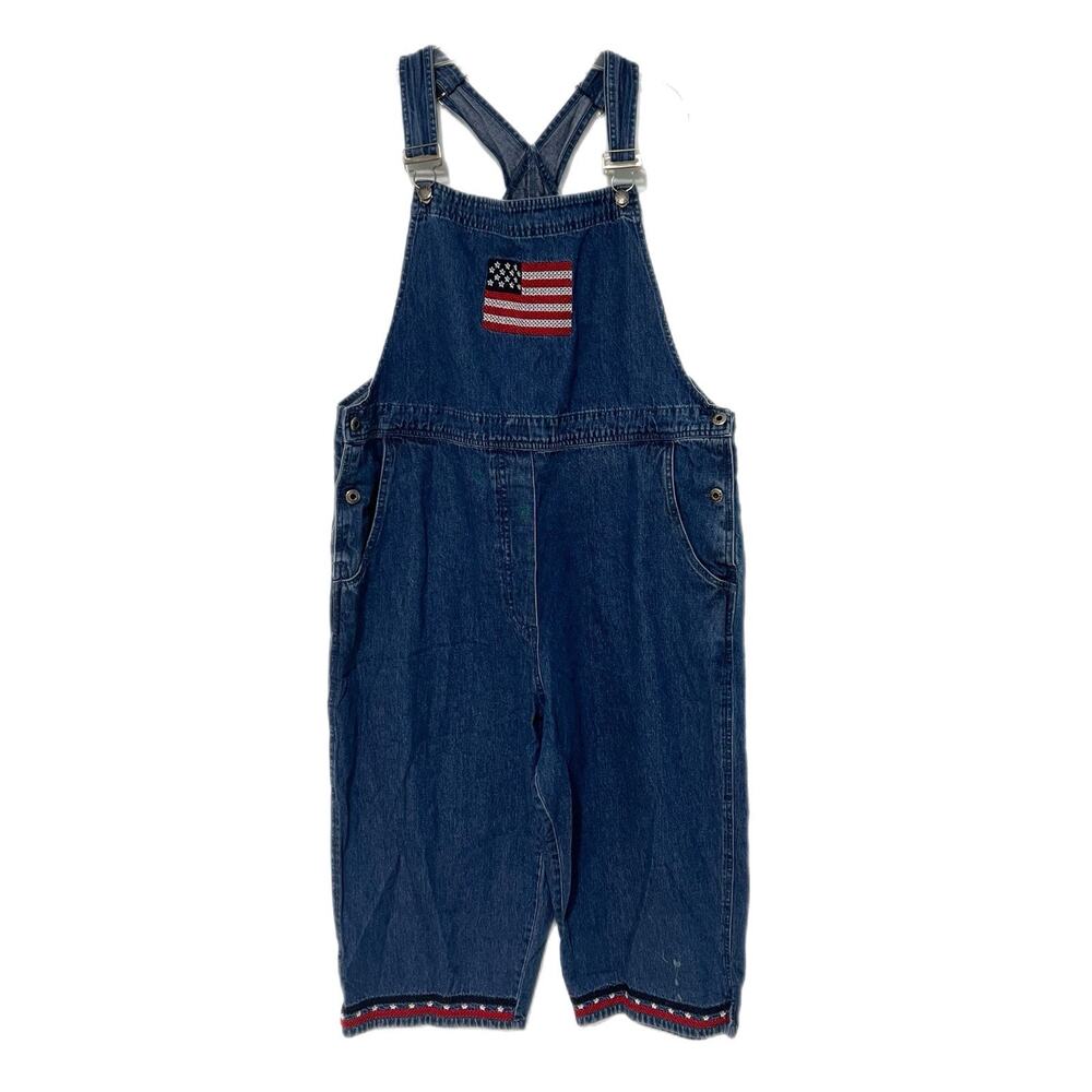 Agapo Blue Jean Overalls American Flag Embroidery Women Large Relaxed Americana